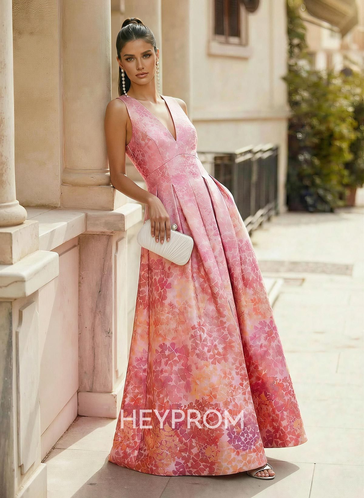 A-Line V-Neck Floor-Length Satin Prom Dresses With Split Front/Pockets/Flower(s)