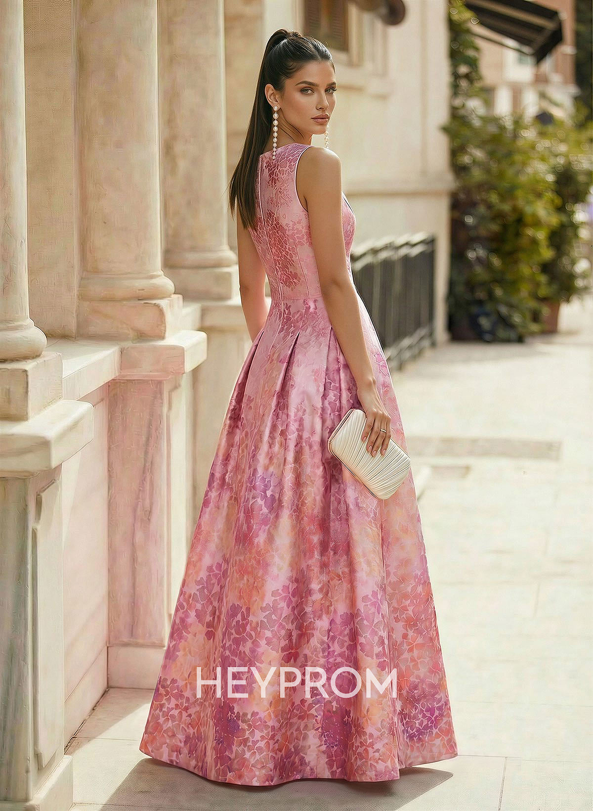A-Line V-Neck Floor-Length Satin Prom Dresses With Floral-Print/Split Front/Pockets