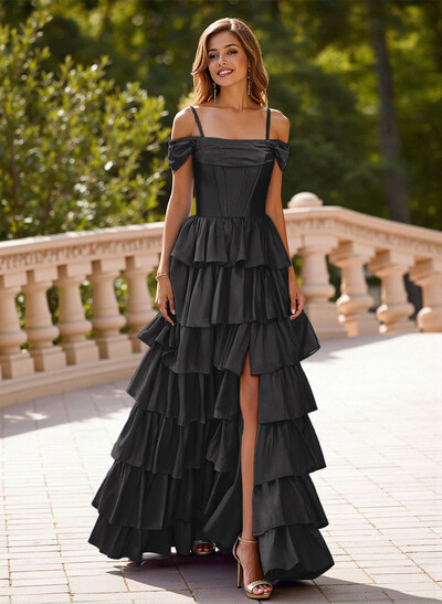 Dreamy Cold Shoulder Tiered A-Line High Split Silk Like Satin Prom Dresses