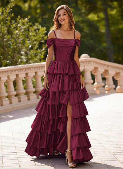 Dreamy Cold Shoulder Tiered A-Line High Split Silk Like Satin Prom Dresses