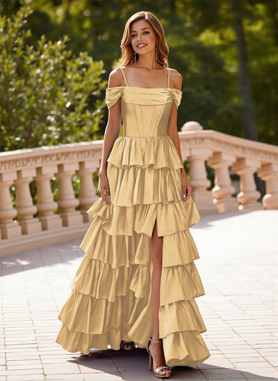 Dreamy Cold Shoulder Tiered A-Line High Split Silk Like Satin Prom Dresses