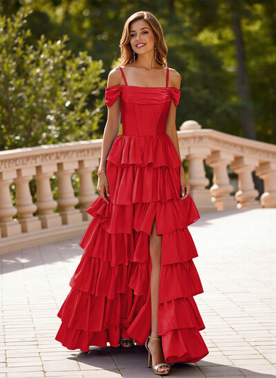 Dreamy Cold Shoulder Tiered A-Line High Split Silk Like Satin Prom Dresses