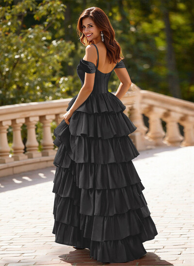 Dreamy Cold Shoulder Tiered A-Line High Split Silk Like Satin Prom Dresses