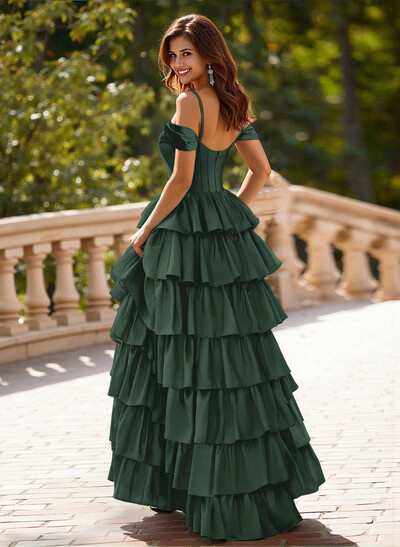 Dreamy Cold Shoulder Tiered A-Line High Split Silk Like Satin Prom Dresses