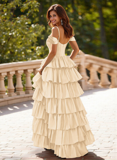 Dreamy Cold Shoulder Tiered A-Line High Split Silk Like Satin Prom Dresses
