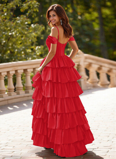 Dreamy Cold Shoulder Tiered A-Line High Split Silk Like Satin Prom Dresses