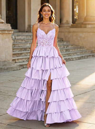 Dreamy V-Neck Lace Illusion Corset A-Line Tiered Silk Like Satin Prom Dresses