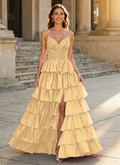 Dreamy V-Neck Lace Illusion Corset A-Line Tiered Silk Like Satin Prom Dresses