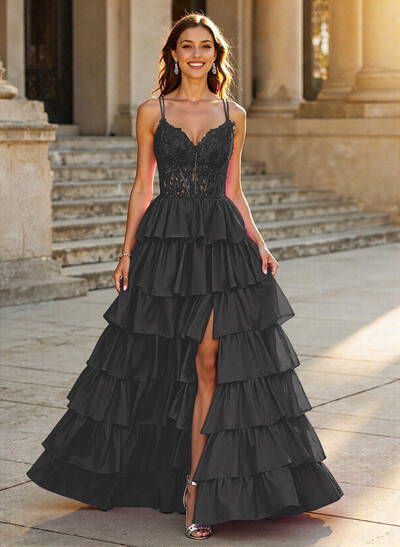 Dreamy V-Neck Lace Illusion Corset A-Line Tiered Silk Like Satin Prom Dresses