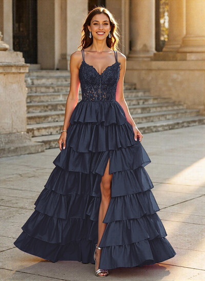 Dreamy V-Neck Lace Illusion Corset A-Line Tiered Silk Like Satin Prom Dresses