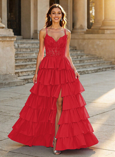 Dreamy V-Neck Lace Illusion Corset A-Line Tiered Silk Like Satin Prom Dresses