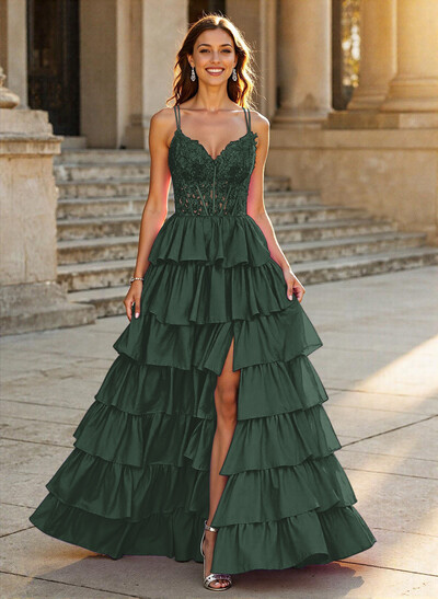 Dreamy V-Neck Lace Illusion Corset A-Line Tiered Silk Like Satin Prom Dresses