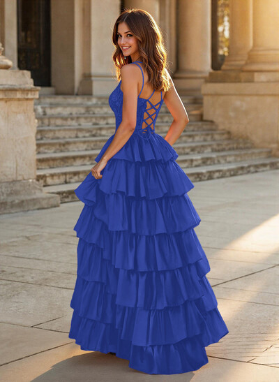 Dreamy V-Neck Lace Illusion Corset A-Line Tiered Silk Like Satin Prom Dresses