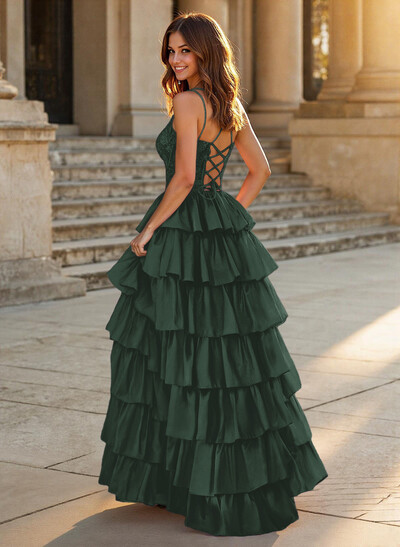 Dreamy V-Neck Lace Illusion Corset A-Line Tiered Silk Like Satin Prom Dresses