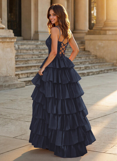 Dreamy V-Neck Lace Illusion Corset A-Line Tiered Silk Like Satin Prom Dresses