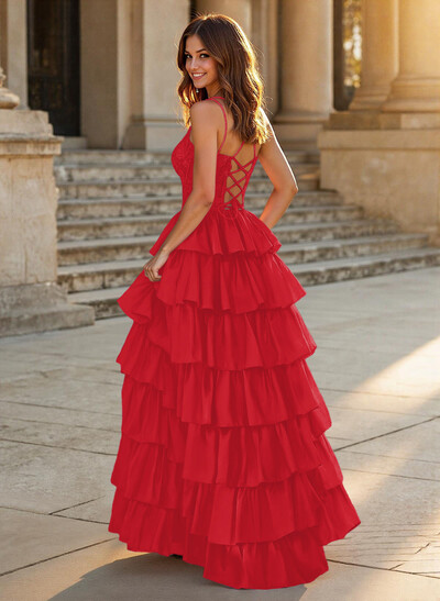 Dreamy V-Neck Lace Illusion Corset A-Line Tiered Silk Like Satin Prom Dresses