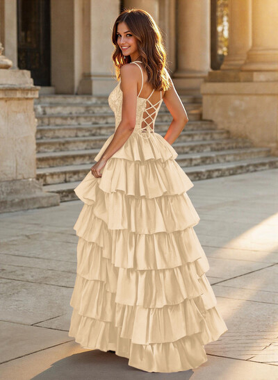 Dreamy V-Neck Lace Illusion Corset A-Line Tiered Silk Like Satin Prom Dresses