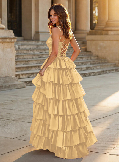 Dreamy V-Neck Lace Illusion Corset A-Line Tiered Silk Like Satin Prom Dresses
