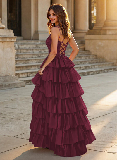 Dreamy V-Neck Lace Illusion Corset A-Line Tiered Silk Like Satin Prom Dresses