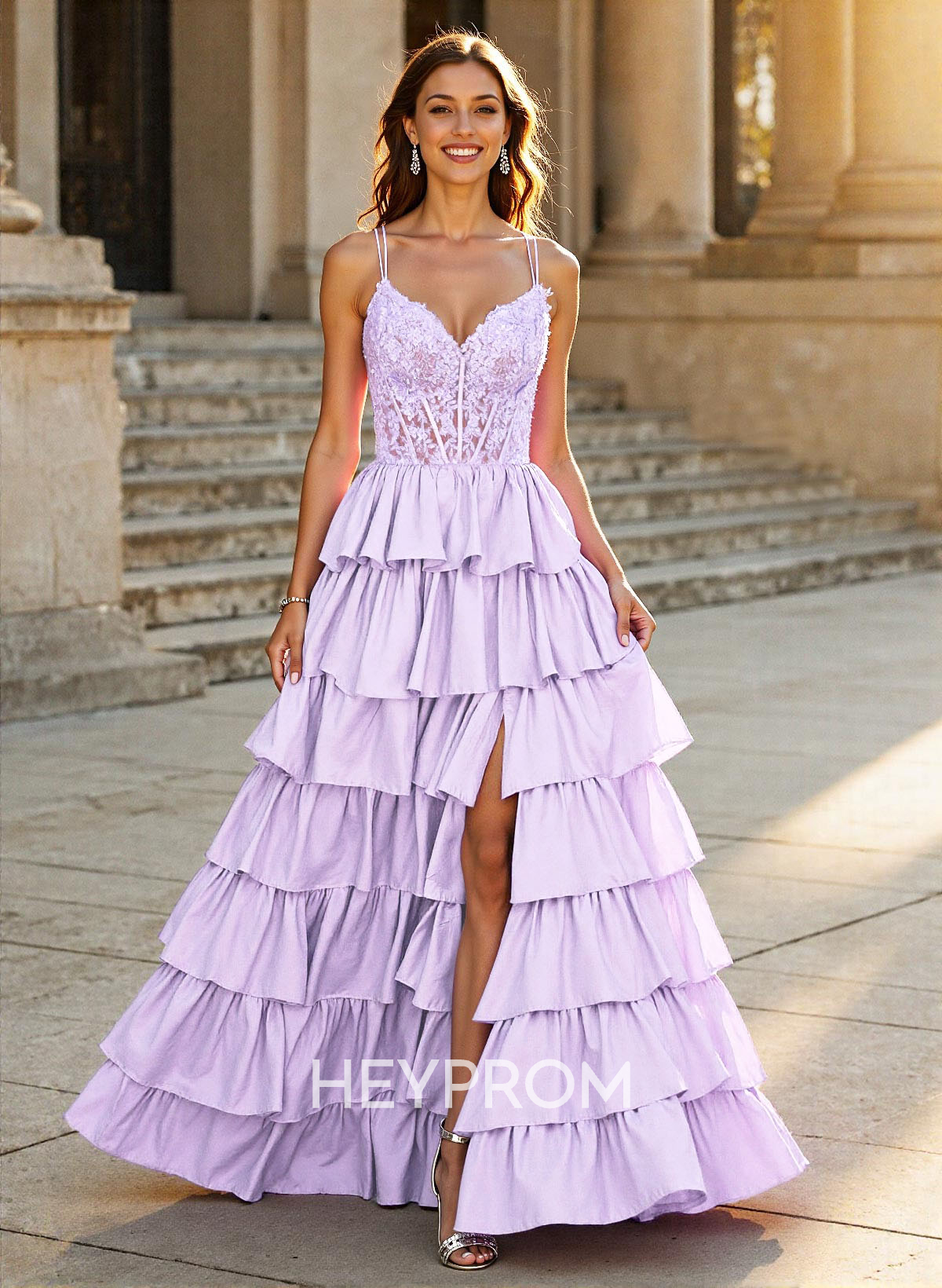 Dreamy V-Neck Lace Illusion Corset A-Line Tiered Silk Like Satin Prom Dresses