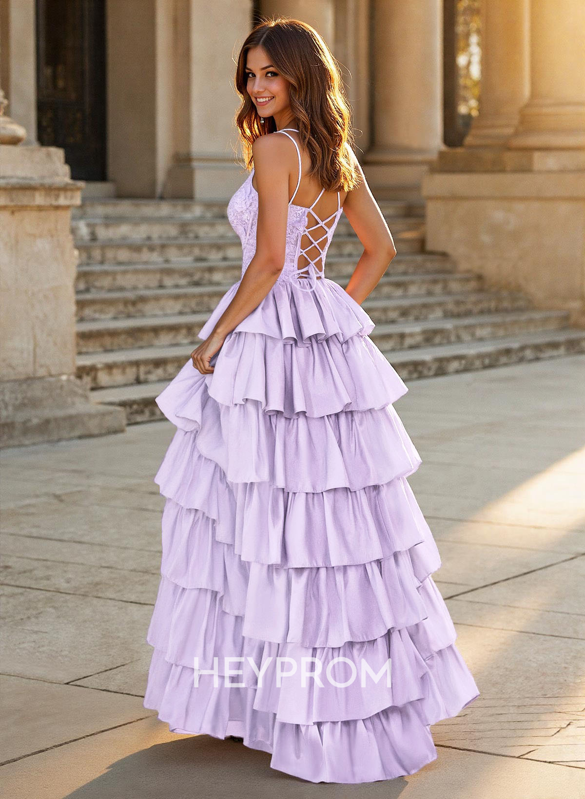 Dreamy V-Neck Lace Illusion Corset A-Line Tiered Silk Like Satin Prom Dresses
