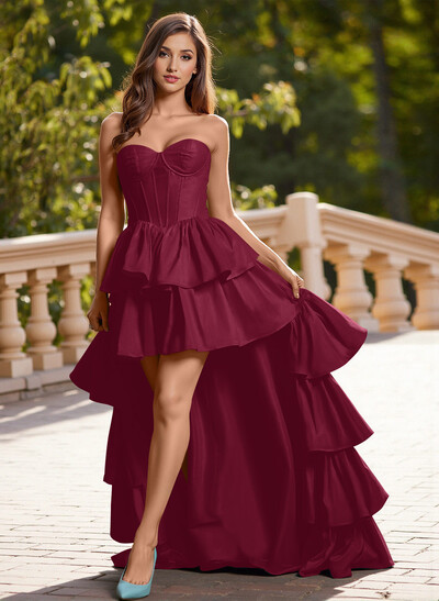 Sweet Tiered Skirt Sweetheart Asymmetrical Silk Like Satin Prom Dresses