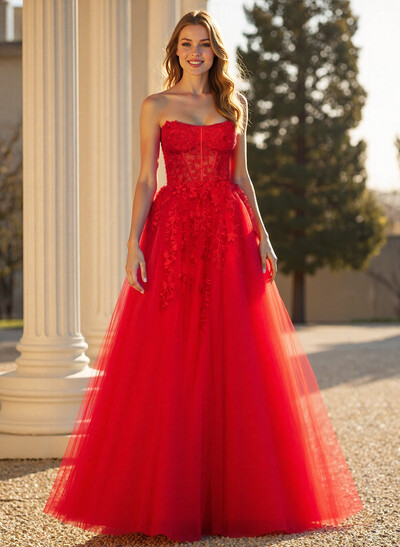 Sweet & Flow A-Line Sweetheart Sleeveless Court Train Lace/Tulle Prom Dresses With Appliques Lace