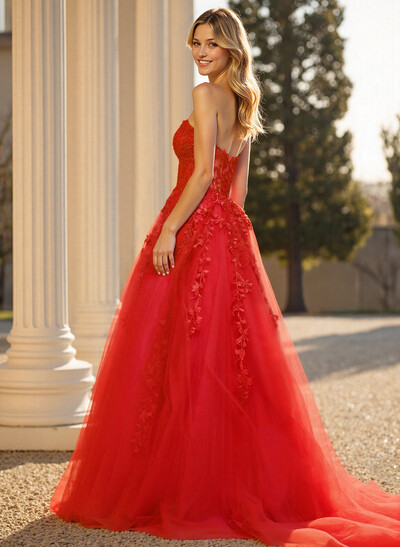 Sweet & Flow A-Line Sweetheart Sleeveless Court Train Lace/Tulle Prom Dresses With Appliques Lace