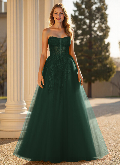 Sweet & Flow A-Line Sweetheart Sleeveless Court Train Lace/Tulle Prom Dresses With Appliques Lace