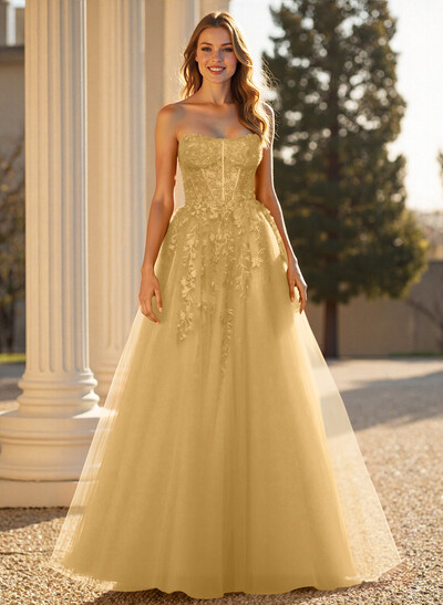 Sweet & Flow A-Line Sweetheart Sleeveless Court Train Lace/Tulle Prom Dresses With Appliques Lace