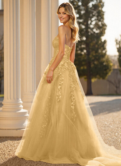 Sweet & Flow A-Line Sweetheart Sleeveless Court Train Lace/Tulle Prom Dresses With Appliques Lace