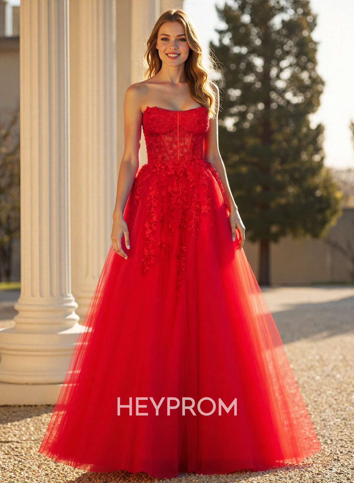 Sweet & Flow A-Line Sweetheart Sleeveless Court Train Lace/Tulle Prom Dresses With Appliques Lace