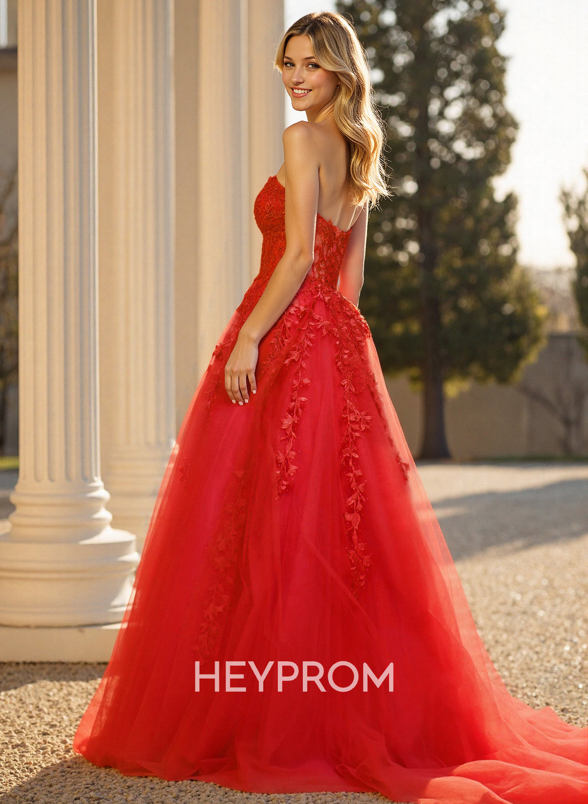 Sweet & Flow A-Line Sweetheart Sleeveless Court Train Lace/Tulle Prom Dresses With Appliques Lace
