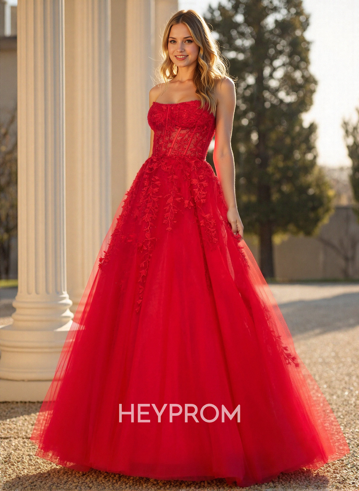 Sweet & Flow A-Line Sweetheart Sleeveless Court Train Lace/Tulle Prom Dresses With Appliques Lace