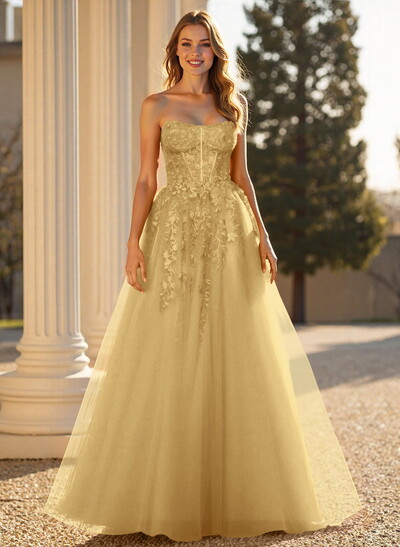 Sweet & Flow A-Line Sweetheart Sleeveless Court Train Lace/Tulle Prom Dresses With Appliques Lace