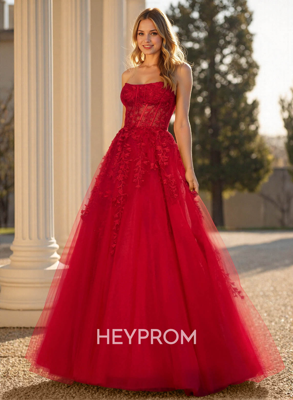 Sweet & Flow A-Line Sweetheart Sleeveless Court Train Lace/Tulle Prom Dresses With Appliques Lace