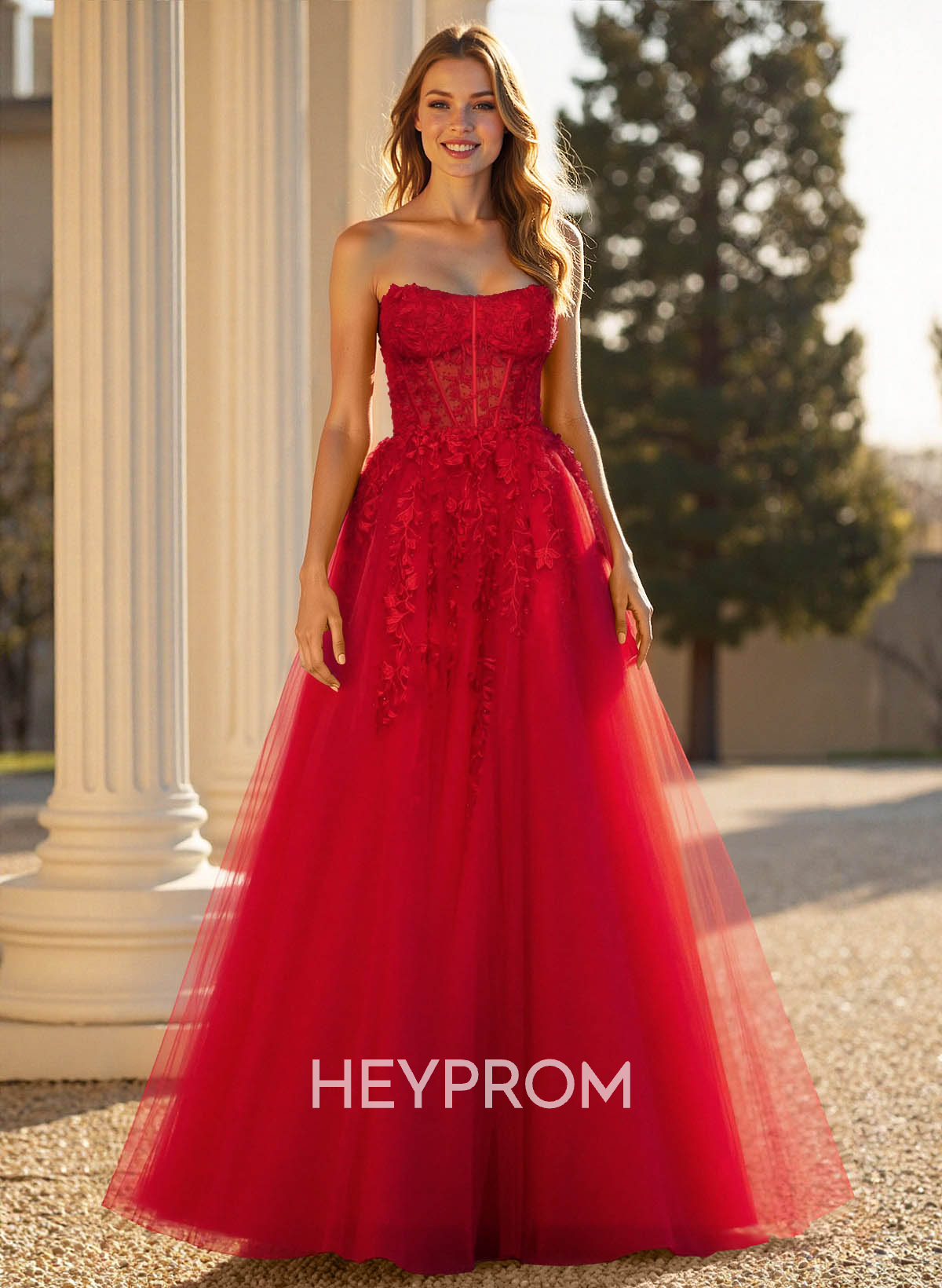 Sweet & Flow A-Line Sweetheart Sleeveless Court Train Lace/Tulle Prom Dresses With Appliques Lace