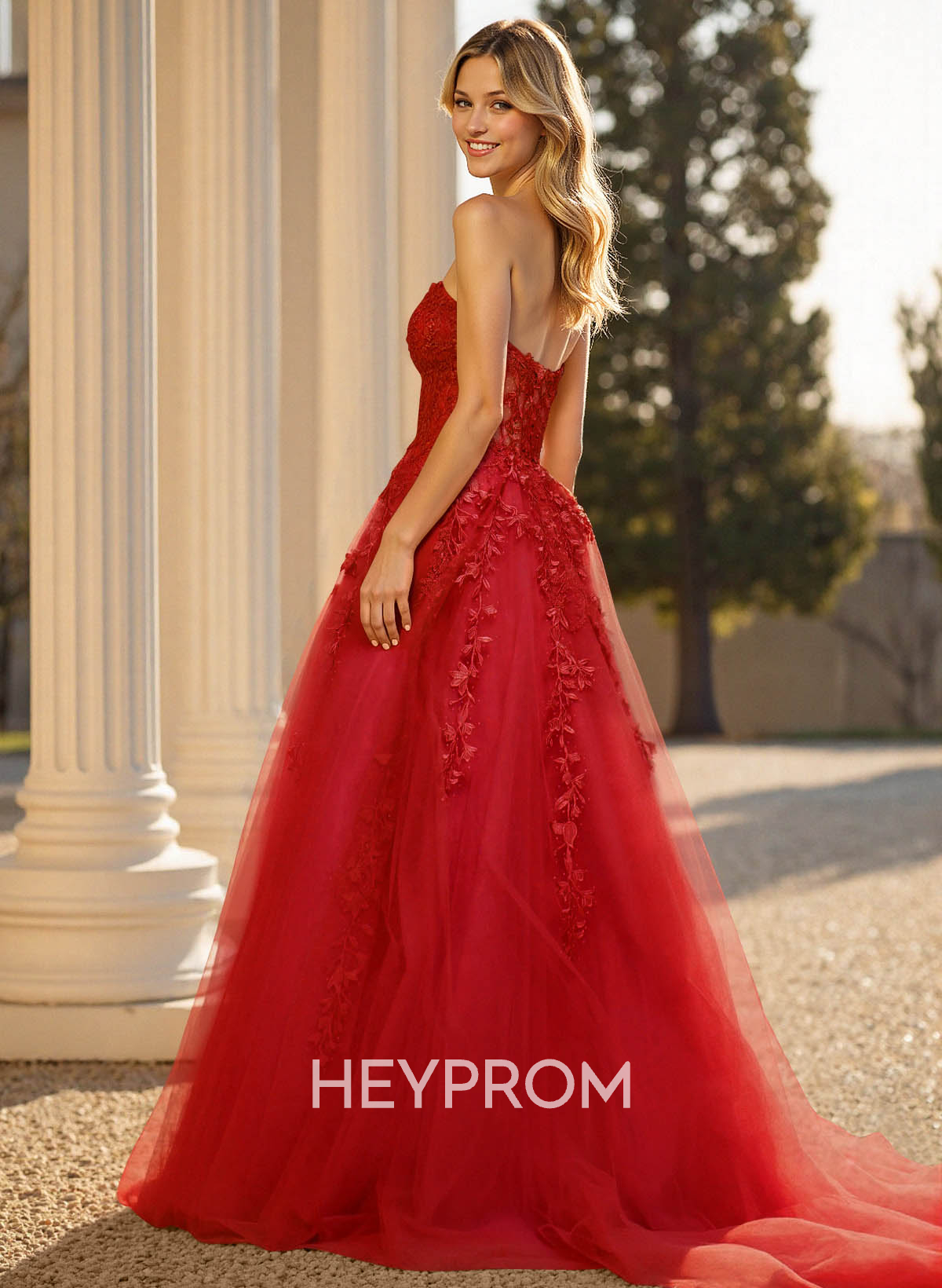 Sweet & Flow A-Line Sweetheart Sleeveless Court Train Lace/Tulle Prom Dresses With Appliques Lace
