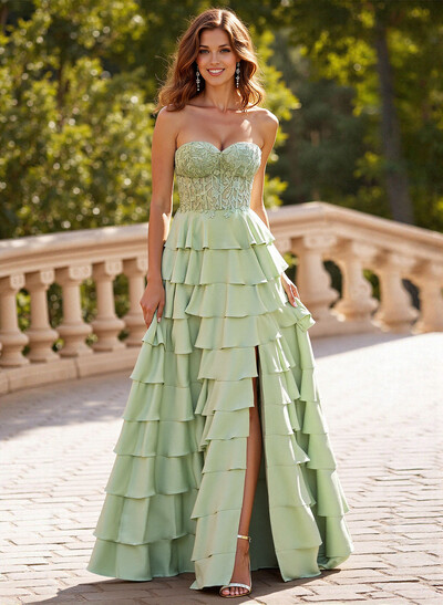 A-Line Sweetheart Sweep Train Crepe Satin Prom Dresses With Cascading Ruffles/Lace/Tiered