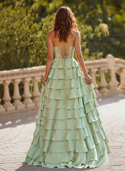 A-Line Sweetheart Sweep Train Crepe Satin Prom Dresses With Cascading Ruffles/Lace/Tiered