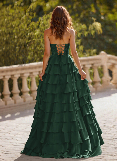 A-Line Sweetheart Sweep Train Crepe Satin Prom Dresses With Cascading Ruffles/Lace/Tiered
