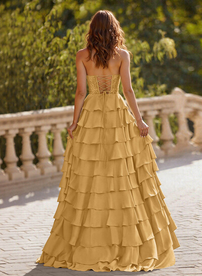 A-Line Sweetheart Sweep Train Crepe Satin Prom Dresses With Cascading Ruffles/Lace/Tiered