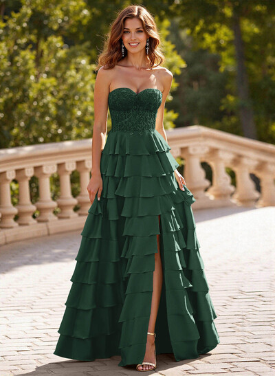 A-Line Sweetheart Sweep Train Crepe Satin Prom Dresses With Cascading Ruffles/Lace/Tiered