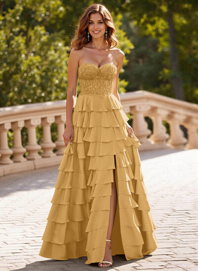 A-Line Sweetheart Sweep Train Crepe Satin Prom Dresses With Cascading Ruffles/Lace/Tiered
