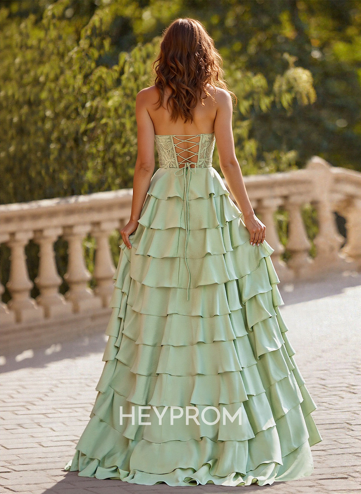 A-Line Sweetheart Sweep Train Crepe Satin Prom Dresses With Cascading Ruffles/Lace/Tiered