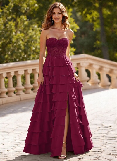 A-Line Sweetheart Sweep Train Stretch Satin Prom Dresses With Cascading Ruffles/Lace/Tiered