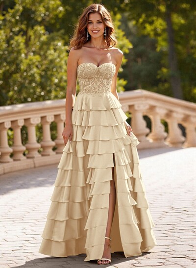 A-Line Sweetheart Sweep Train Stretch Satin Prom Dresses With Cascading Ruffles/Lace/Tiered