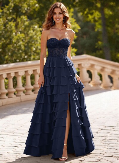 A-Line Sweetheart Sweep Train Stretch Satin Prom Dresses With Cascading Ruffles/Lace/Tiered