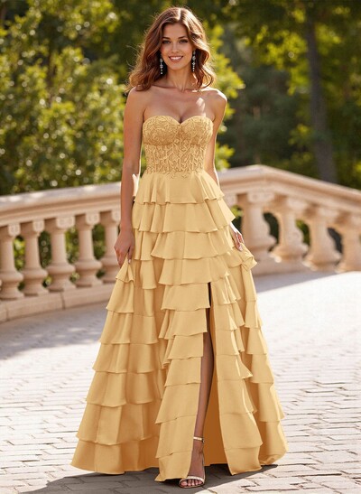 A-Line Sweetheart Sweep Train Stretch Satin Prom Dresses With Cascading Ruffles/Lace/Tiered