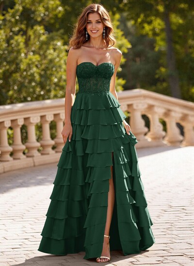 A-Line Sweetheart Sweep Train Stretch Satin Prom Dresses With Cascading Ruffles/Lace/Tiered